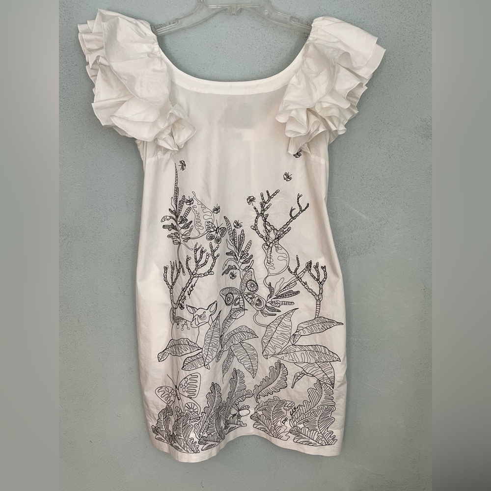 Paola Frani White Embroidered Ruffle Shoulder Sheath Dress Size Small Coquette